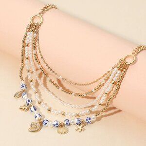 Dutch Seaside Pink or Blue Multi-Chain Ceramic Gold Charm Summer Beach Necklace